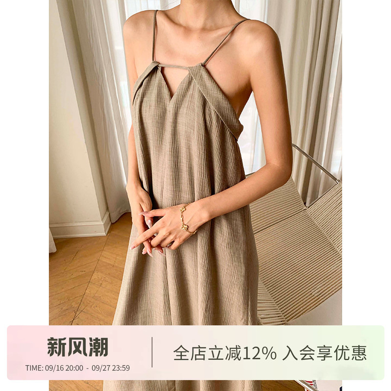 Zocheeo Summer Vacation Style Brown V-Neck Tencel Linen Suspender Dress Sleeveless Backless Elegant Long Skirt