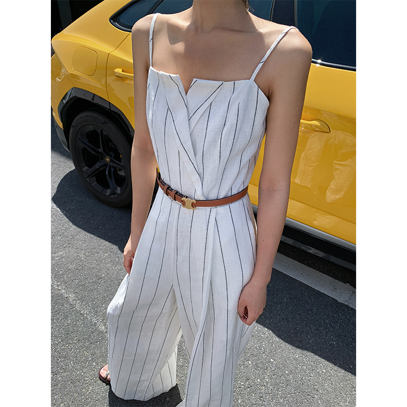 Zocheeo Designer Vertical Striped Suspender Jumpsuit for Women, High-Waisted, Slimming, Long Wide-Leg Jumpsuit