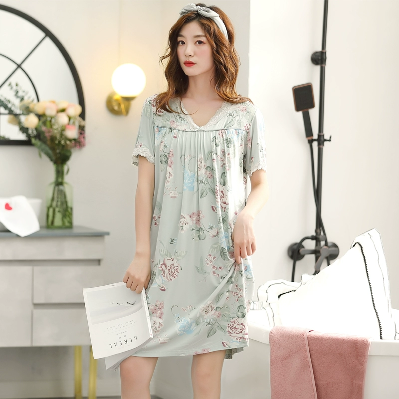 Mùa hè phương thức cotton lụa bộ đồ ngủ của phụ nữ mùa hè dài giữa cộng với kích thước phụ nữ mang thai cotton rộng rãi bộ đồ ngủ mặc nhà cho bé gái. - Đêm đầm
