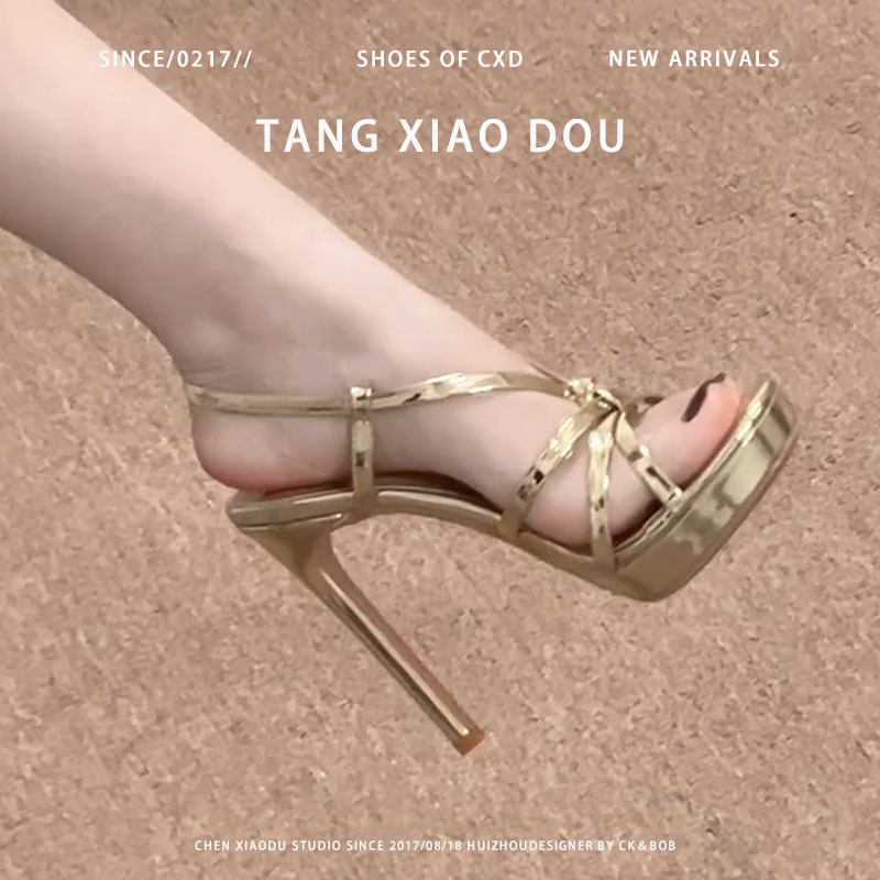 Beautiful Open-Toe Gold High Heels for Women, 2026 Summer New Style Stiletto with Waterproof Platform, Sexy Outdoor Sandals