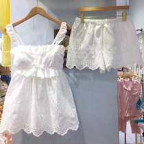 Sweet Pajamas Womens Summer Suspender Two-piece Set with Breast Pads Pure Cotton Shorts Sexy Thin Cute Princess Style Home Clothes