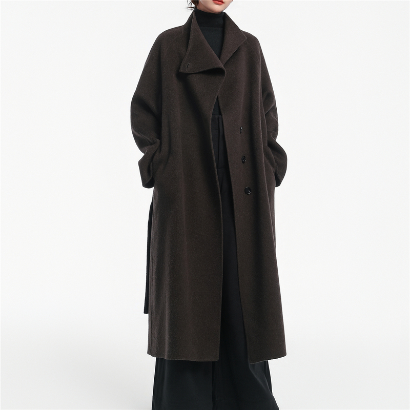 Korean Style Loose and Lazy Style High-End Double-Sided Woolen Coat for Women with High Collar, Tie Waist, Long Woolen Coat Korean Style Loose and Lazy Style High-End Double-Sided Woolen Coat for Women with High Collar, Tie Waist, Long Woolen Coat