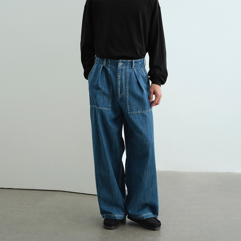 Npopo Japan Imported Okayama Kuroki Denim Washed Slub Yarn Feel Loose Wide-Leg Patch Pocket Casual Pants