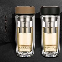 Yatai double glass with lid thick heat-resistant business men and women Office portable water cup filter tea cup