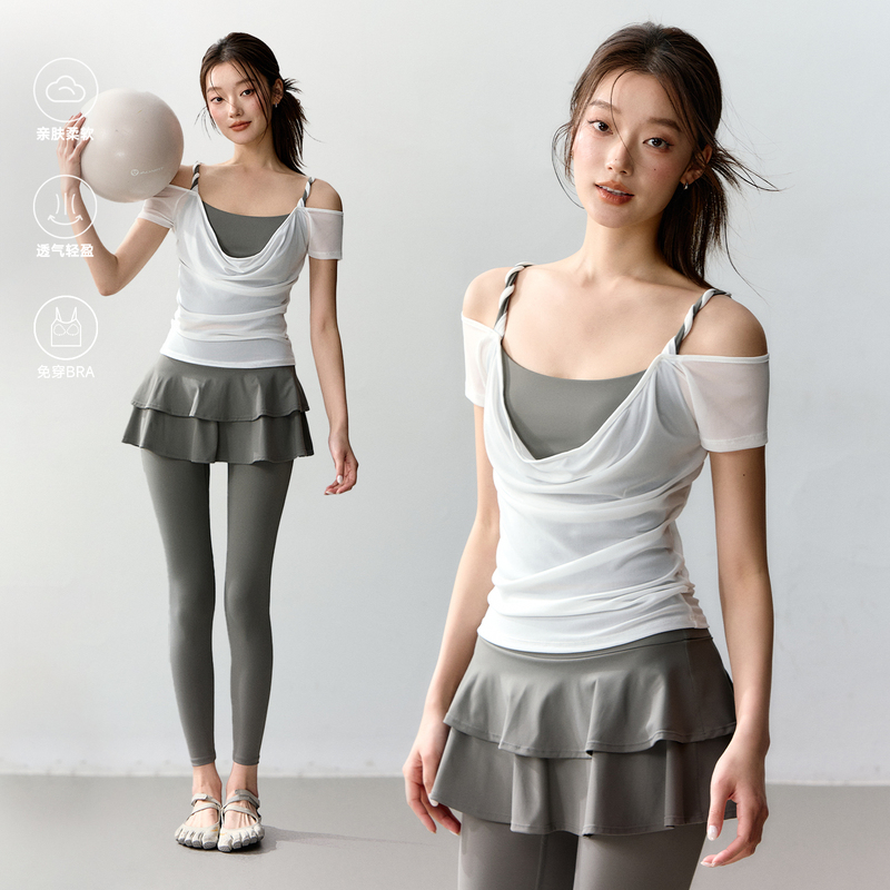 Weightlifting Fairy Fake Two-Piece Fitness Top for Women with Chest Pads, Running Sports Short-Sleeve Off-Shoulder Mesh Yoga Wear T-Shirt Weightlifting Fairy Fake Two-Piece Fitness Top for Women with Chest Pads, Running Sports Short-Sleeve Off-Shoulder Mesh Yoga Wear T-Shirt