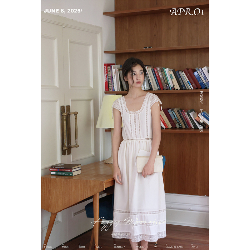 Foggy Moonrivers French Retro Dress Lace Cotton Mulberry Silk Vintage Style Waist-Cinching White Dress