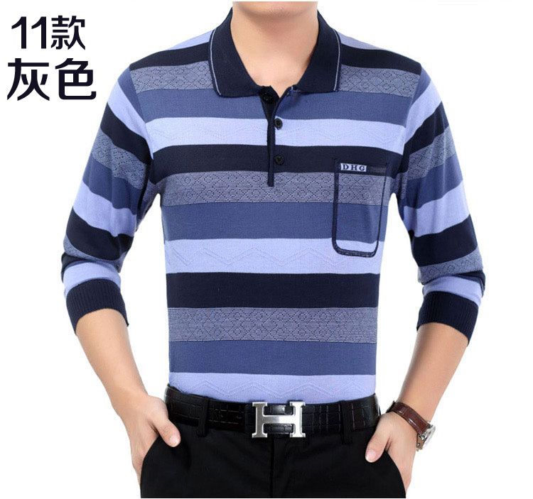 Mùa hè ăn mặc trung niên lụa mỏng dài tay t-shirt nam sọc t-shirt bất pocket daddy trung niên quần áo của nam giới