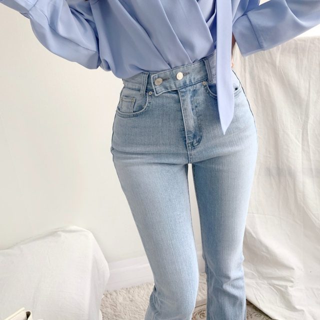 Korean chic summer new high-waist slimming foreign style age-reducing washed two-button micro-laminated denim trousers for women