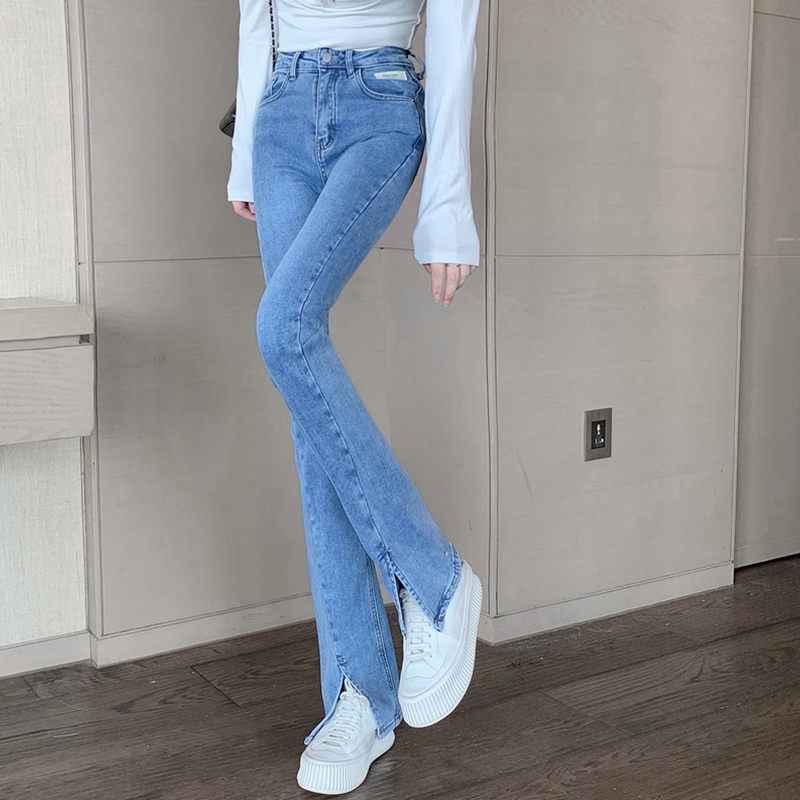 Early Spring Women's Dress Jeans Female Straight Drum Chic High Waist Display Slim Open Fork Micro Horn Pants Han Version 100 Hitch Pants Tide