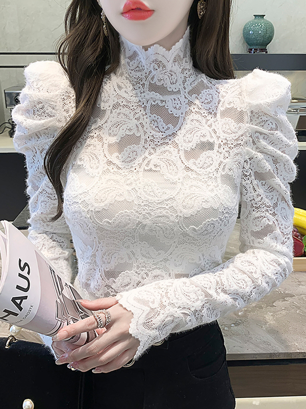 Autumn and Winter New French Puff Sleeve High-Neck Long-Sleeve Lace Shirt for Women, Slim-Fit Base Shirt, Unique and Trendy Top