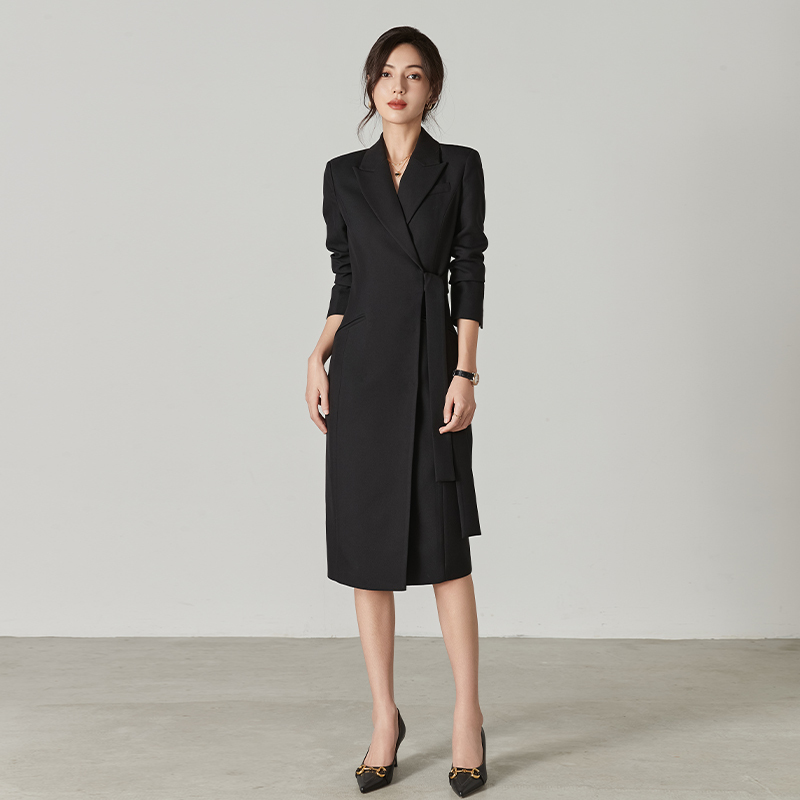 2025 Autumn/Winter New Black Slim Fit Professional Long Suit Dress Elegant Commuting Suit Style Trench Coat for Women