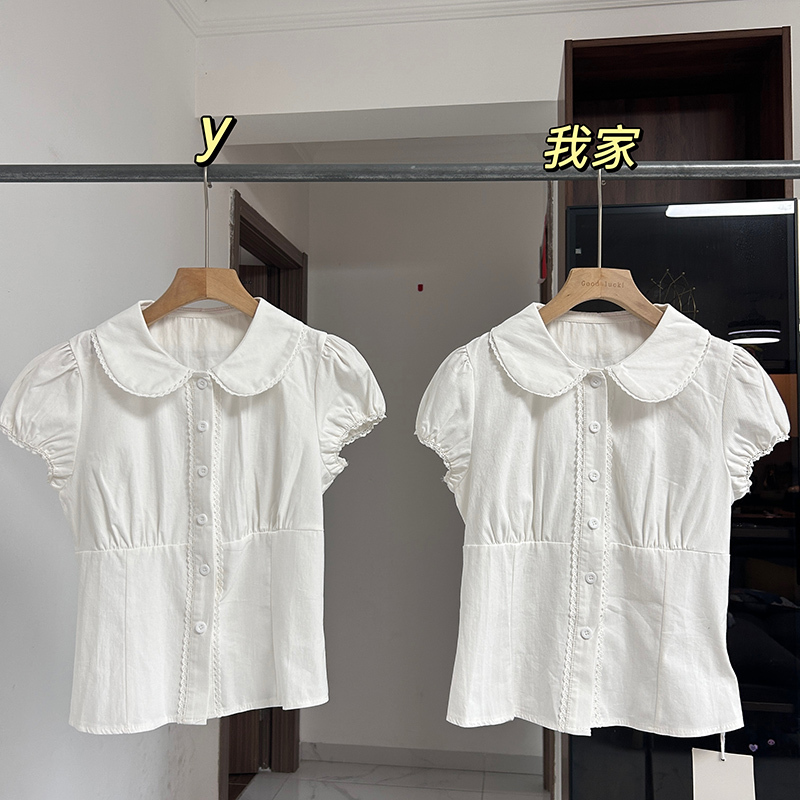 Pure White Story White Doll Collar Shirt for Women Summer Design Slim Fit Short Sleeve Top