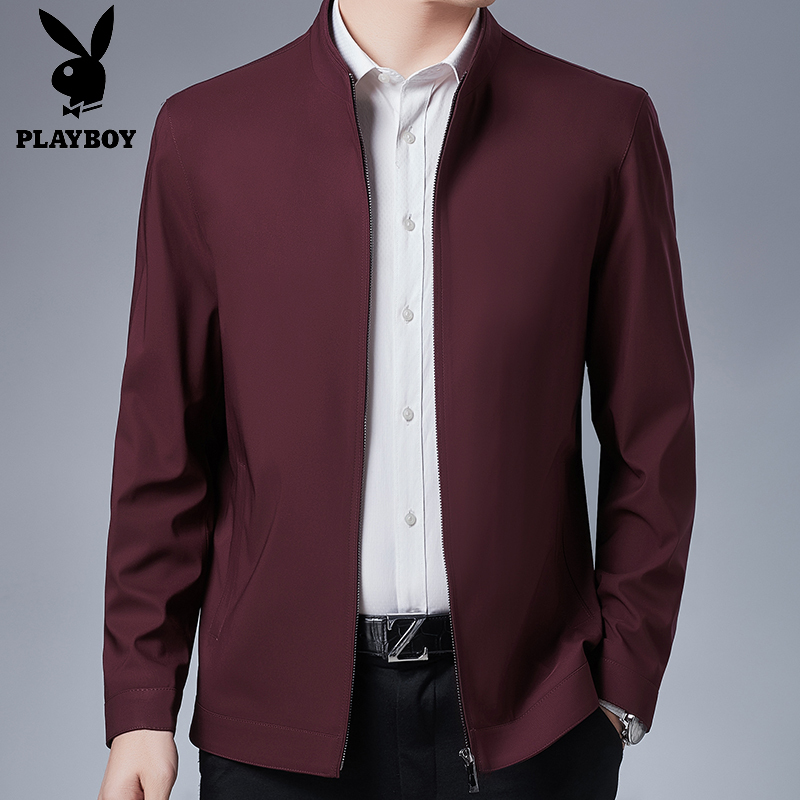 Playboy Burgundy Jacket Men's Stand-Up Collar Clothing Middle-Aged and Elderly Father's Wedding Jacket Wedding Coat