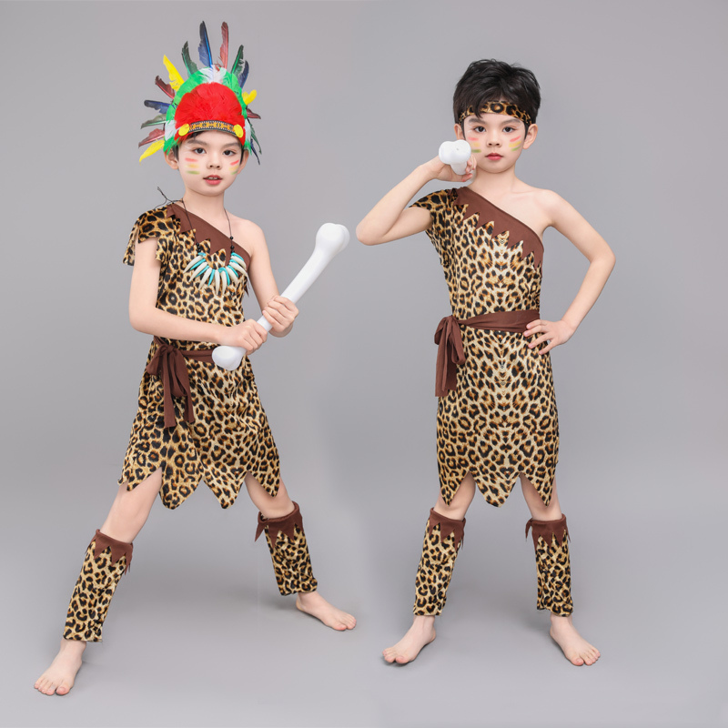 African Drum Children's Performance Costumes Indian Indigenous People Kindergarten Primitive Hunter Performance Costumes Savage Costumes