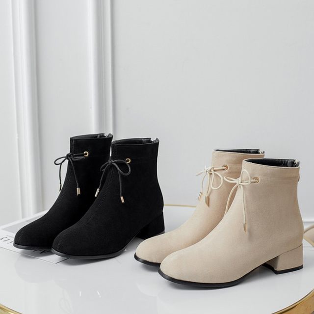 Sweet bow back zipper thick medium heel boots low heel short boots large size 434445464748 size shoes