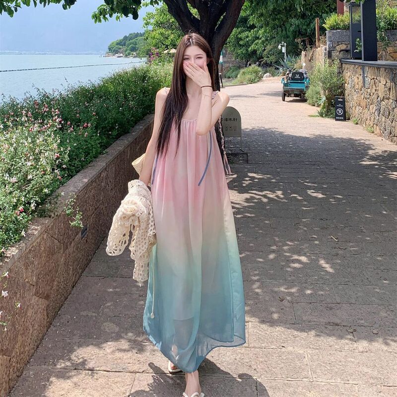 Elegant Vacation Gradient Strap Dress for Women, Summer 2026 New Style, Loose, Slimming, Lazy Sleeveless Korean Style Long Dress Elegant Vacation Gradient Strap Dress for Women, Summer 2026 New Style, Loose, Slimming, Lazy Sleeveless Korean Style Long Dress