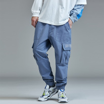 guuka smog blue overalls mens tide card students hip-hop print cotton multi-pocket close-fitting pants loose