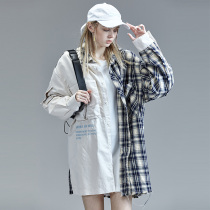 guuka plaid long-sleeved shirt womens trendy brand hip-hop multi-pocket stitching oversize embroidered long shirt pure cotton