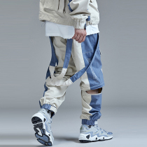 guuka multi-pocket overalls pants mens Tide brand Youth hip-hop blue stitching cotton sports tie pants loose