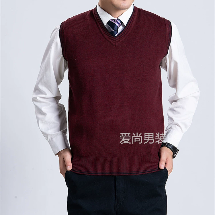 Áo vest nam cổ chữ V màu đơn sắc áo len mùa thu đông mới vest trung niên vest không tay áo len trung niên