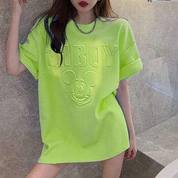 ຄົນດັງທາງອິນເຕີເນັດ ins super hot-sleeved t-shirt women's summer summer version korean loosel length mid-length mickey european goods large version half-sleeved top trendy