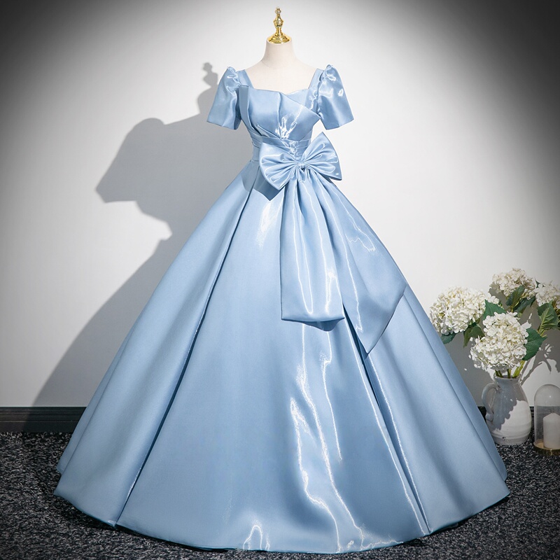 French-Style Blue Evening Dress for Women, Suitable for Coming-Of-Age Ceremonies, Birthdays, Satin Vocal Performances, Advanced Piano Performances, and Elegant Host Performances