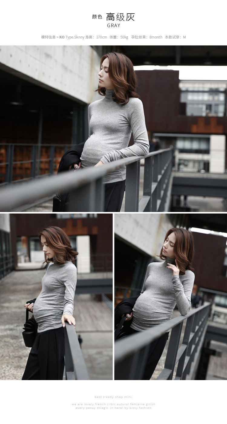 Bà bầu chạm đáy áo sơ mi cổ cao tay dài Áo thun cổ tròn Kiểu dáng rộng cho bà bầu mùa xuân và cọc mùa thu cổ áo mùa thu đông váy bầu thu đông