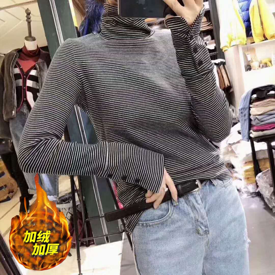 Pregnant women's high-neck base shirt women's spring and autumn and winter Korean version of long-sleeved striped knitted T-shirt plus velvet top tide Mom