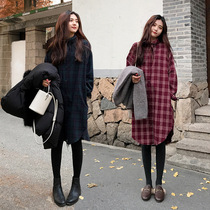 Maternity dress Autumn dress Mid-length net red top Loose fashion plaid shirt spring and autumn maternity shirt