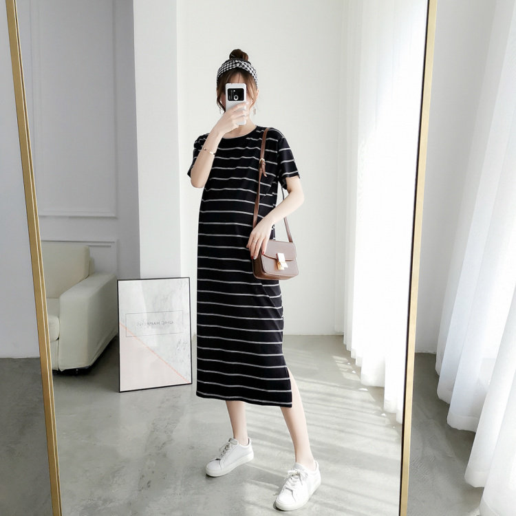Pregnancy Woman Dress Fashion Foreign Dress 2019 New Korean Version Striped T-shirt Long Skirt Short Sleeve Pure Cotton Boomer Pregnant Woman Skirt