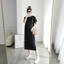 Maternity Fashion Dress 2019 New Korean Stripe T-shirt Long Skirt Short Sleeve Cotton Tide Mom Skirt