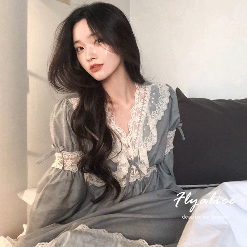 New 100% Cotton Nightgown for Women, Spring and Autumn Long-Sleeved, Can Be Worn Outside, Palace Style Winter Long Dress, Home Wear