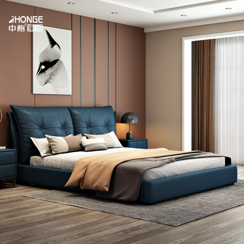 Chinese-style Italian-style leather double bed modern minimalist bed master bedroom wedding bed 1 8 meters small apartment soft bed light luxury leather bed