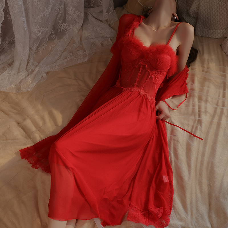 Newlywed Night Sexy Pajamas Wedding Dress Pure Desire Lace Nightgown Women's Red Strap Nightdress with Chest Pad 2026 New Style