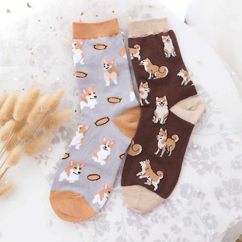 Korean Autumn and Winter New Corgi and Shiba Inu Themed Socks, Cute Puppy Gray Mid-Length Socks