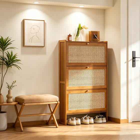 Flip-Top Shoe Cabinet, Japanese-Style Rattan Weaving, Ultra-Thin, Large Capacity for Home Use, Entryway Storage Cabinet, Shoe Rack, 17cm, Space-Saving