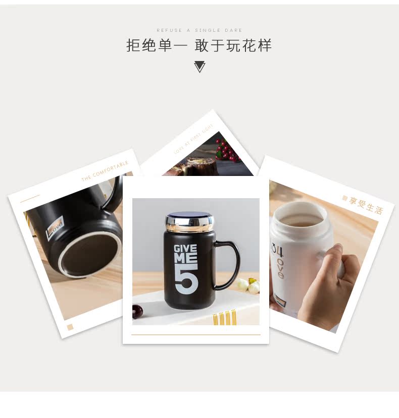 Jingdezhen creative move mirror Japanese ceramics high - capacity mark cup oats cup with cover cup men 's and women' s cup