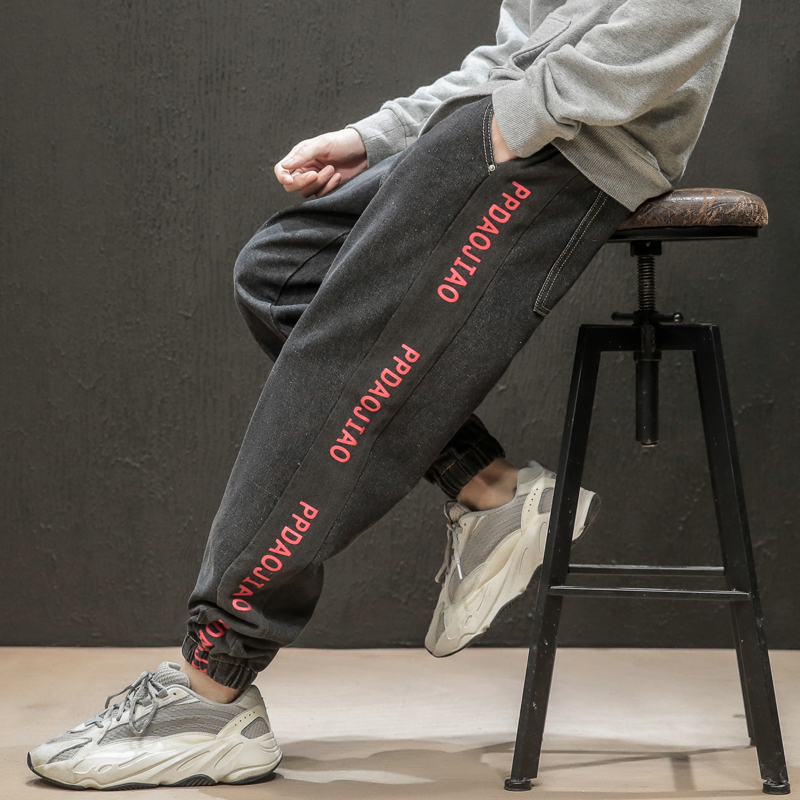 Printed denim trousers men's fat plus size tide brand fat drawstring pants loose autumn and winter hip-hop hip-hop trend