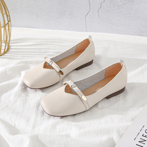 Shallow Mouth Single Shoe Woman Summer 100 Hitch Flat Base Bean Bean Shoes 2021 New Spring Autumn Soft Bottom Soft Leather Square Head Mary Precious Shoes