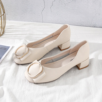 Coarse heel single shoe woman shallow mouth heel leather square head high heel shoe light color 2022 New square button not tired footed womens shoes