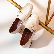 Square Head High Heels Heels 2022 New spring rough heel with gentle soft leather Deep mouth Single shoe heel Inn Wind Lefu Shoe