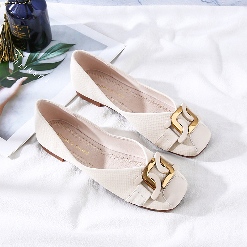 Bean-bean shoes 2022 New women Summer thin Leather Bull Gluten Soft Bottom Square Head Shoes Shallow flat Grandmother Shoe
