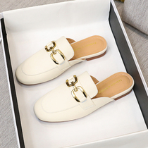 Baotou slippers female outside wearing 2022 new summer metal buckle Soft bottom genuine leather flat-bottom temperament single shoe half slipper