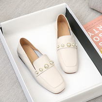Square head single shoe woman 2022 new temperament net red flat bottom Inn wind small leather shoes pearl white genuine leather Lefu shoes