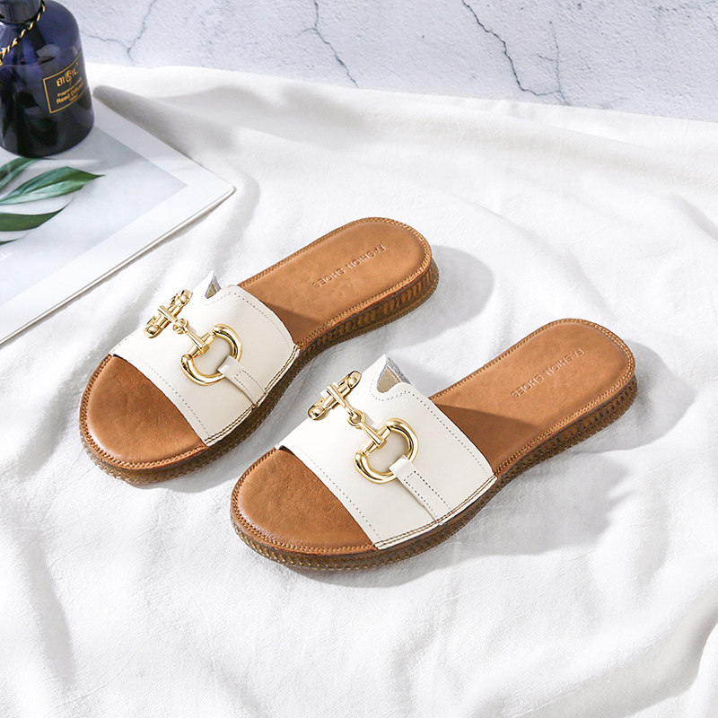 Genuine Leather Sandals Women Wear 2022 New Summer Web Red Horse rank Buttoned Bull Fascia Soft Bottom Slippers Flat Bottom