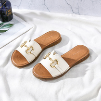Genuine Leather Sandals Women Wear 2022 New Summer Web Red Horse rank Buttoned Bull Fascia Soft Bottom Slippers Flat Bottom