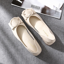 Coarse Heel High Heels Girl 2022 New Spring Summer Square Head Genuine Leather Small Scent Wind Shallow Mouth Heel Rv Square Buttoned Single Shoes