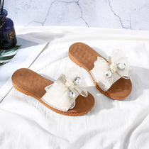 Cool Drag Woman Summer Wear Flat Bottom Butterfly Knots Fairy Wind Bull Gluten Bottom Comfort Slippers Genuine Leather Head Layer Bull Peel