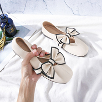 Square Head Single Shoes Woman Genuine Leather 2022 New Summer Bow Tie Gentle Flat Base Bean Bean Shoes Soft Bottom Light Mouth Womens Shoes