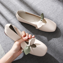 Small fragrant wind light mouth Single shoe woman flat bottom soft leather soft bottom 2022 new 100 hitch butterfly knot genuine leather pregnant woman bean-bean shoes